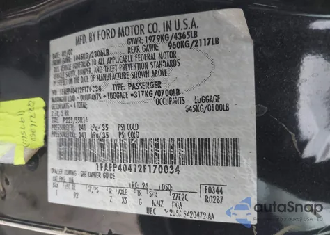 2002 Ford Mustang из США, поврежденный, VIN 1FAFP40412F170034